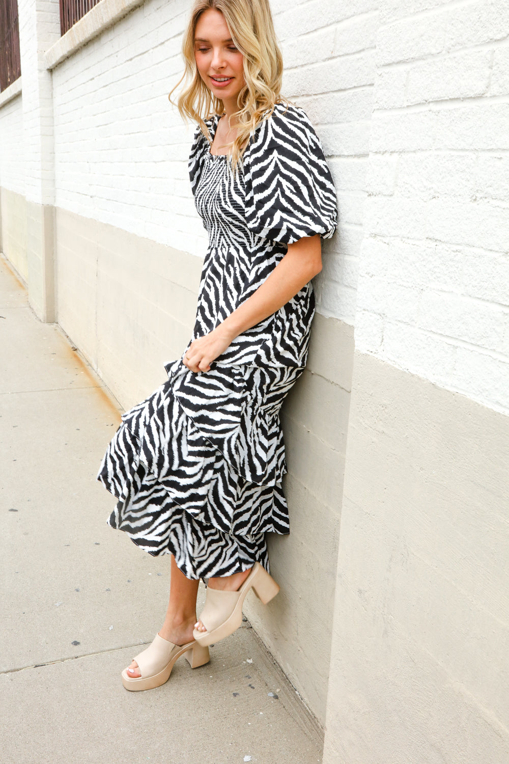 Look My Way Black/White Abstract Print Smocked Neck Maxi Dress