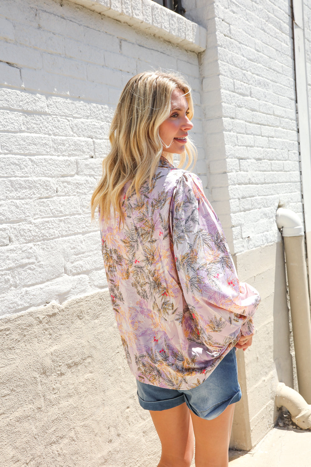 Diva Dreams Amaranth Floral Smocked Long Sleeve Notch Neck Blouse