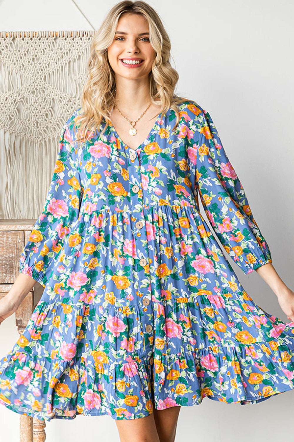Boho Vibes Cotton Floral Button Down 3/4 Sleeve Tiered Dress