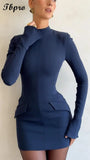 Elegant Dark Blue Knitted Mini Dress