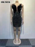 Diamonds Hot Rhinestones Feather Mesh Strapless Plunging V-neck Bodycon Dress 2023 Sexy Party Evening Dresses