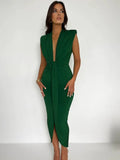 Deep V Neck Rushed Maxi Dress