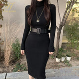 Soft Elastic Turtleneck Sweater Autumn Winter Midi Party Dress With Belt