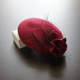 Fascinators Pillbox Hat With Flower 100% Australian Wool Church Beret Cocktail Banquet Cap