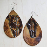 Leather large tearDrop Earrings in Tan Steer Head