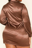 Plus Size Long Sleeve Collar Satin Mini Dress