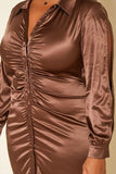 Plus Size Long Sleeve Collar Satin Mini Dress