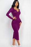 Split Neck Long Sleeve Midi Dress