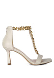 Real Gem Mid Heel Chain Detail T-strap Sandal