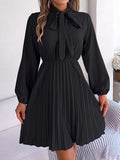 Tie Neck Balloon Sleeve Pleated Dress