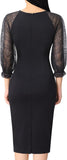 Mesh Bishop Sleeve Front Zipper Cocktail Party Bodycon Pencil Dress