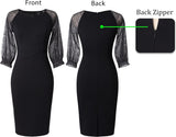 Mesh Bishop Sleeve Front Zipper Cocktail Party Bodycon Pencil Dress