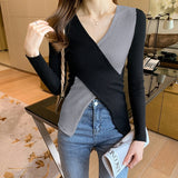 2021 New Deep V Neck Knitted Sweater Women&#39;s Pullover Casual Cross Bottoming Sweaters Patchwork Rib Cotton Long Sleeve Top Femme