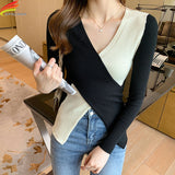 2021 New Deep V Neck Knitted Sweater Women&#39;s Pullover Casual Cross Bottoming Sweaters Patchwork Rib Cotton Long Sleeve Top Femme