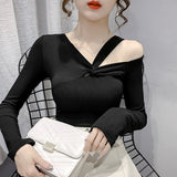 New Knitted Blouse Off The Shoulder Long Sleeve Body Shirt Woman Streetwear Ladies Tops