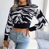 Tiger Print Mock Neck Cropped Sweater