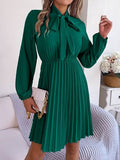 Tie Neck Balloon Sleeve Pleated Dress