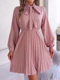 Tie Neck Balloon Sleeve Pleated Dress